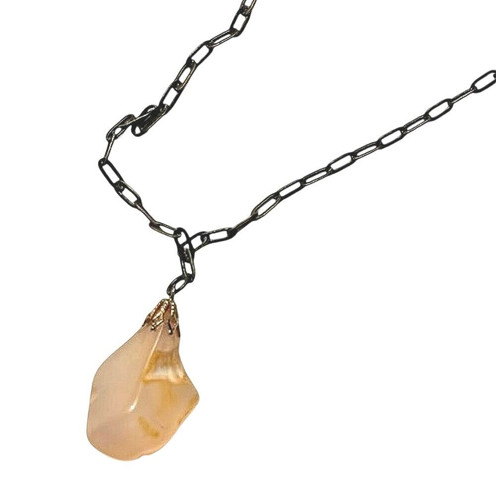 Rose Quartz Teardrop Pendant Necklace Dark Chain Natural Stone 18”